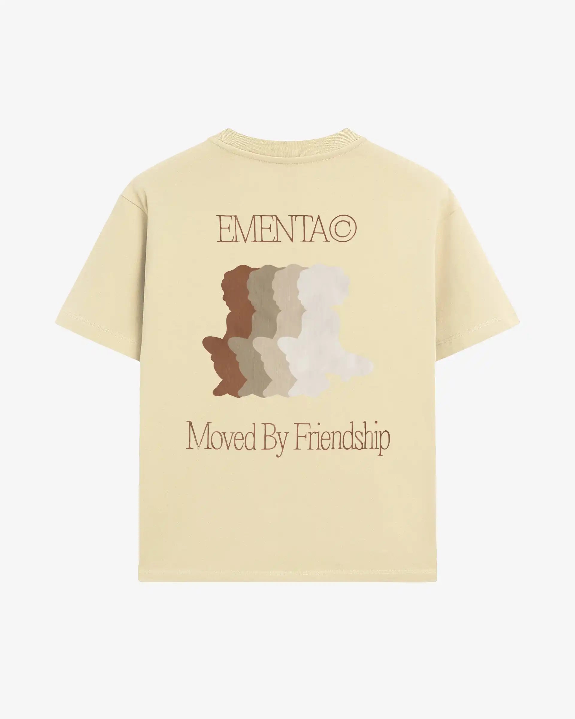 100% Cotton (220gsm)
Heavyweight cotton fabric with soft hand-feel
Boxy, relaxed fit with dropped shoulders
Ribbed crewneck collar
Screen-printed graphic on front and back
Artwork celebrates friendship and unity
"EMENTA© Moved By Friendship" motto on front and back
Double-stitched hems for durability
Made in Portugal