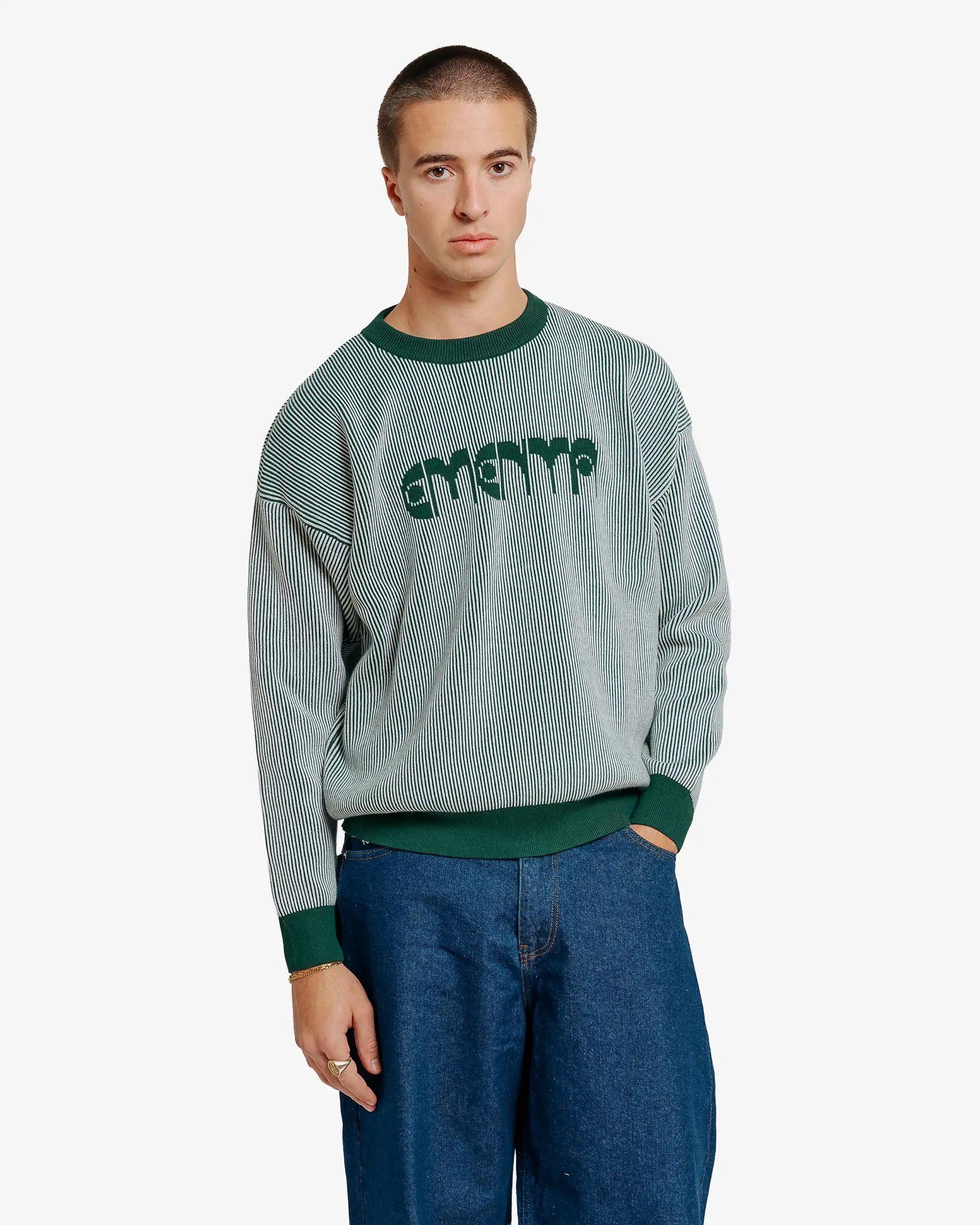 Reversible double-knit crewneck with inverted graphics on each side
Straight fit with relaxed volume through the body
Double-knit yarn fabric with a fine vertical stripe structure
Graphic print on the back with “Lisa” design referencing Lisbon's swallows
Made in Portugal from breathable cotton yarn
Hand wash cold and lay flat to dry