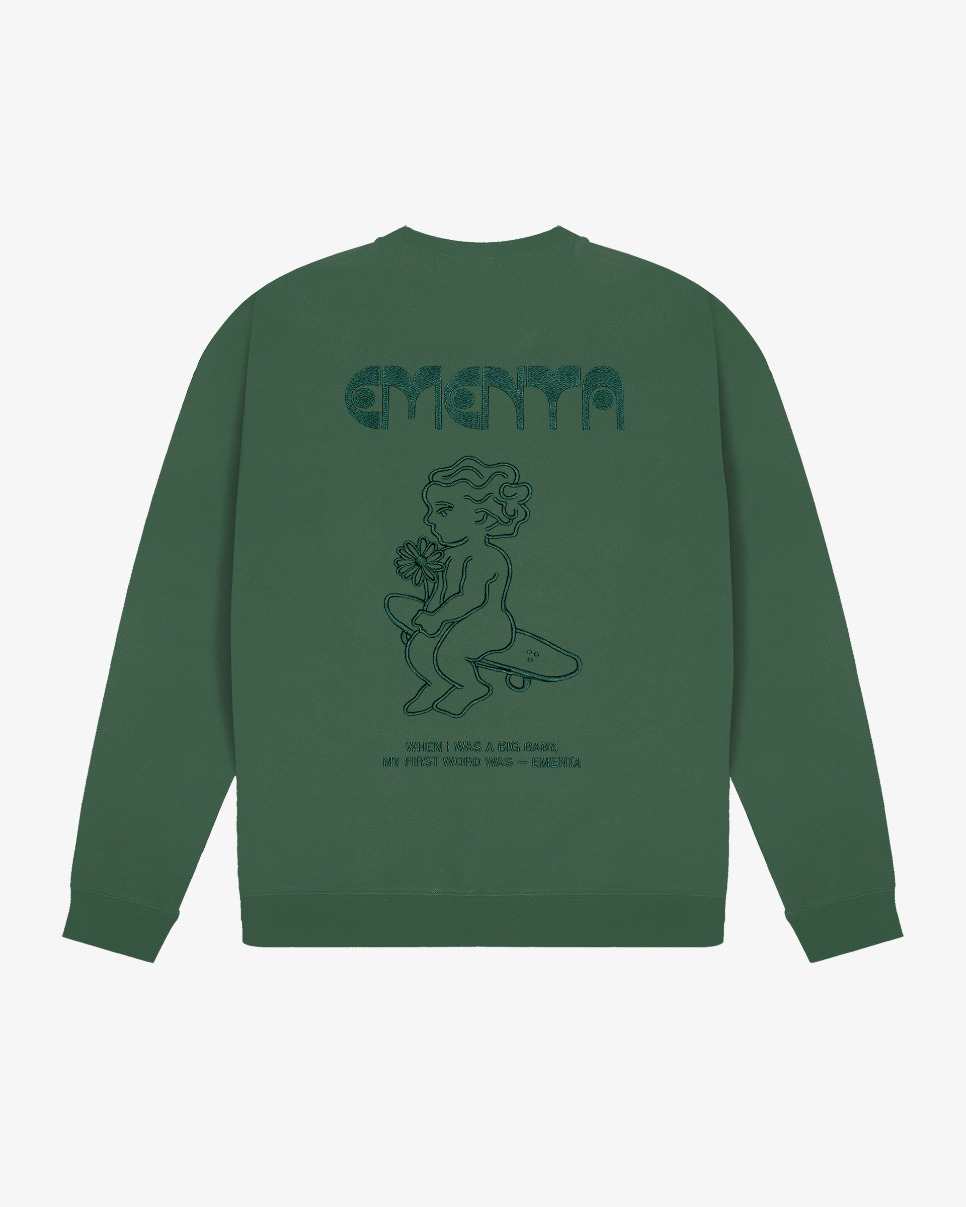 Heavy organic cotton fabric
100% Cotton
Fleece interior for added comfort
Designed for durability and long-lasting wear
First Word design embroidery on the back: "When I was a big baby, my first word was - EMENTA"
Natural texture and weight
Comfortable fit for everyday wear
Limited Edition
Made in Portugal