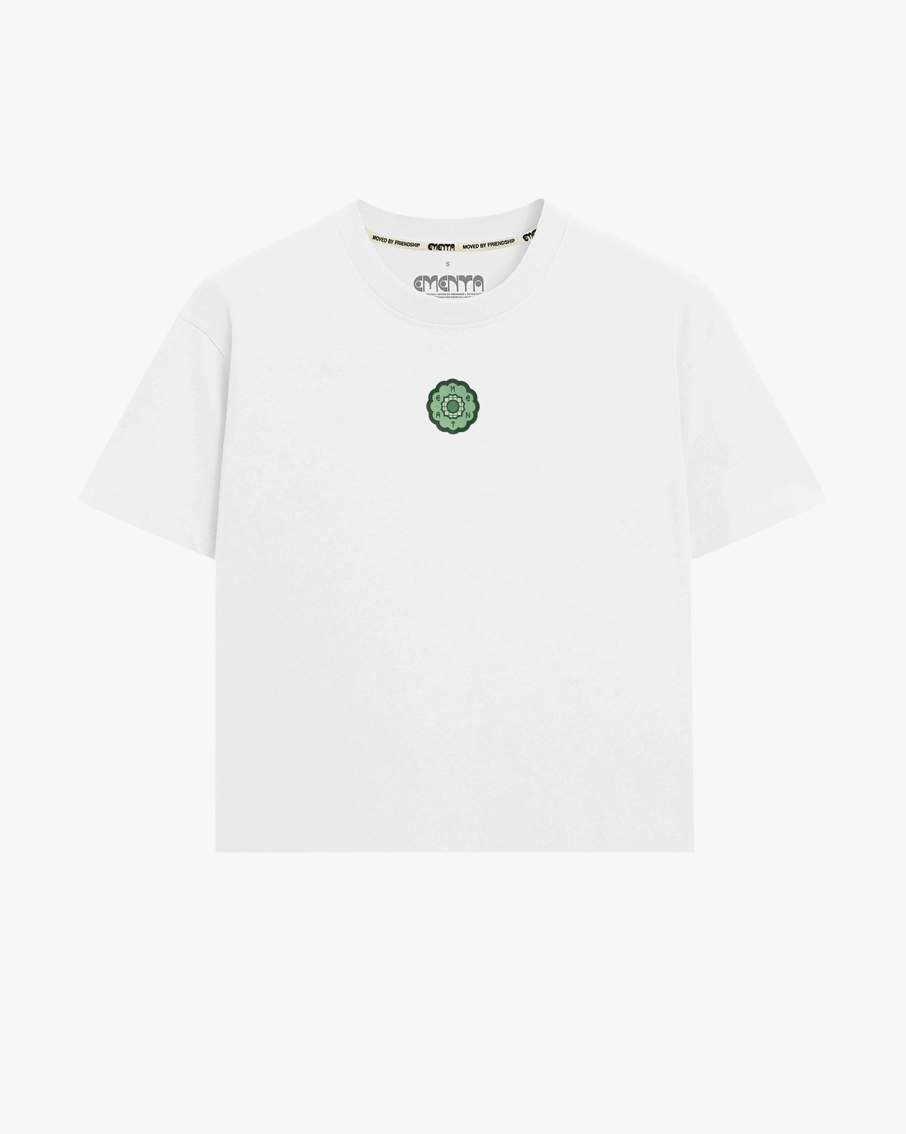 100% Cotton (220gsm)
Heavyweight cotton fabric with soft hand-feel
Boxy, relaxed fit with dropped shoulders
Ribbed crewneck collar
Screen-printed graphic on front and back
"EMENTA© Moved By Friendship" motto on the back with the Garden Flower design
Double-stitched hems for durability
Made in Portugal