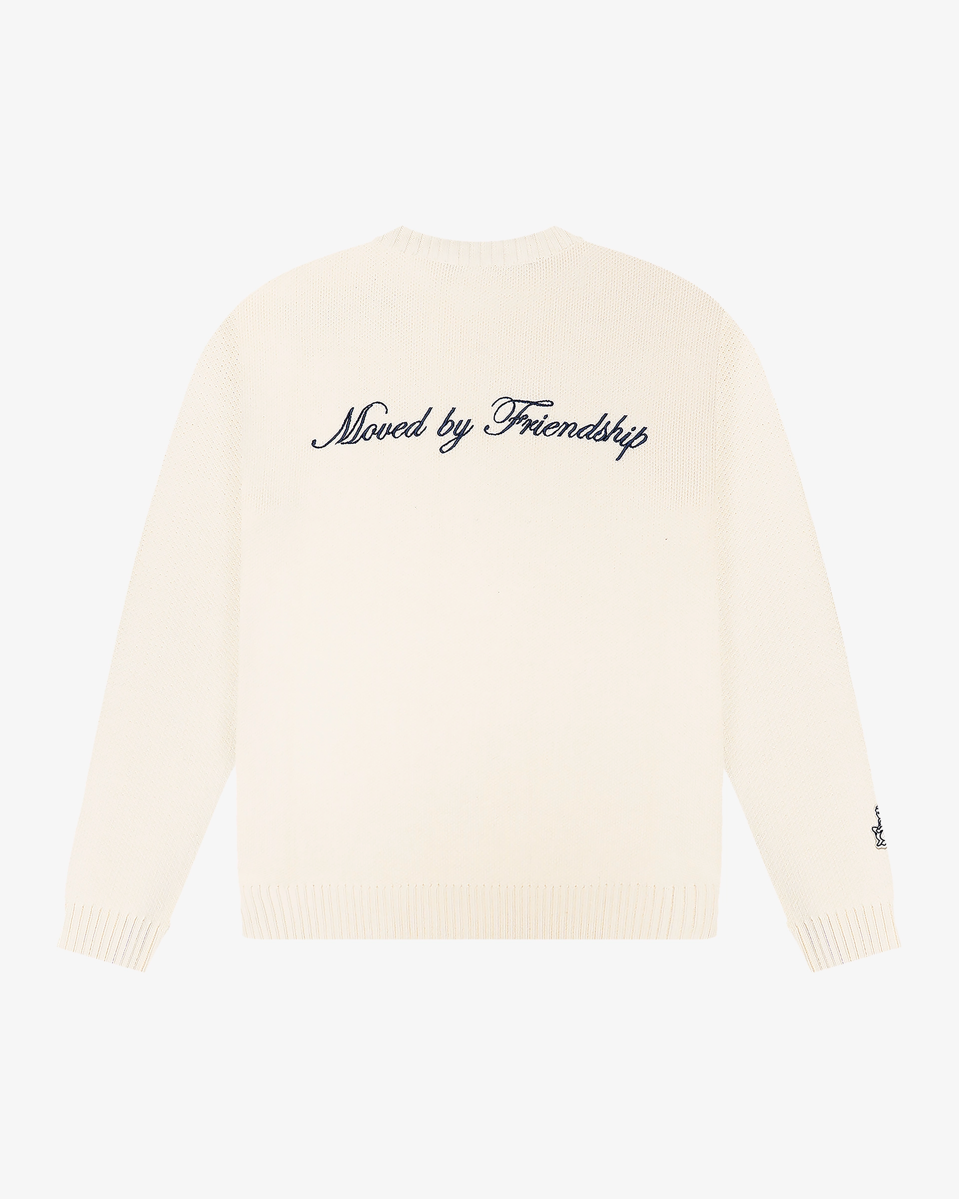Knitted crewneck sweater designed for everyday wear and layering
100% cotton knit with a structured texture and soft hand feel
Regular fit with ribbed collar, cuffs and hem
‘Moved By Friendship’ motto embroidered across the back
Off-white colour
Machine wash cold. Do not tumble dry
Made in Portugal