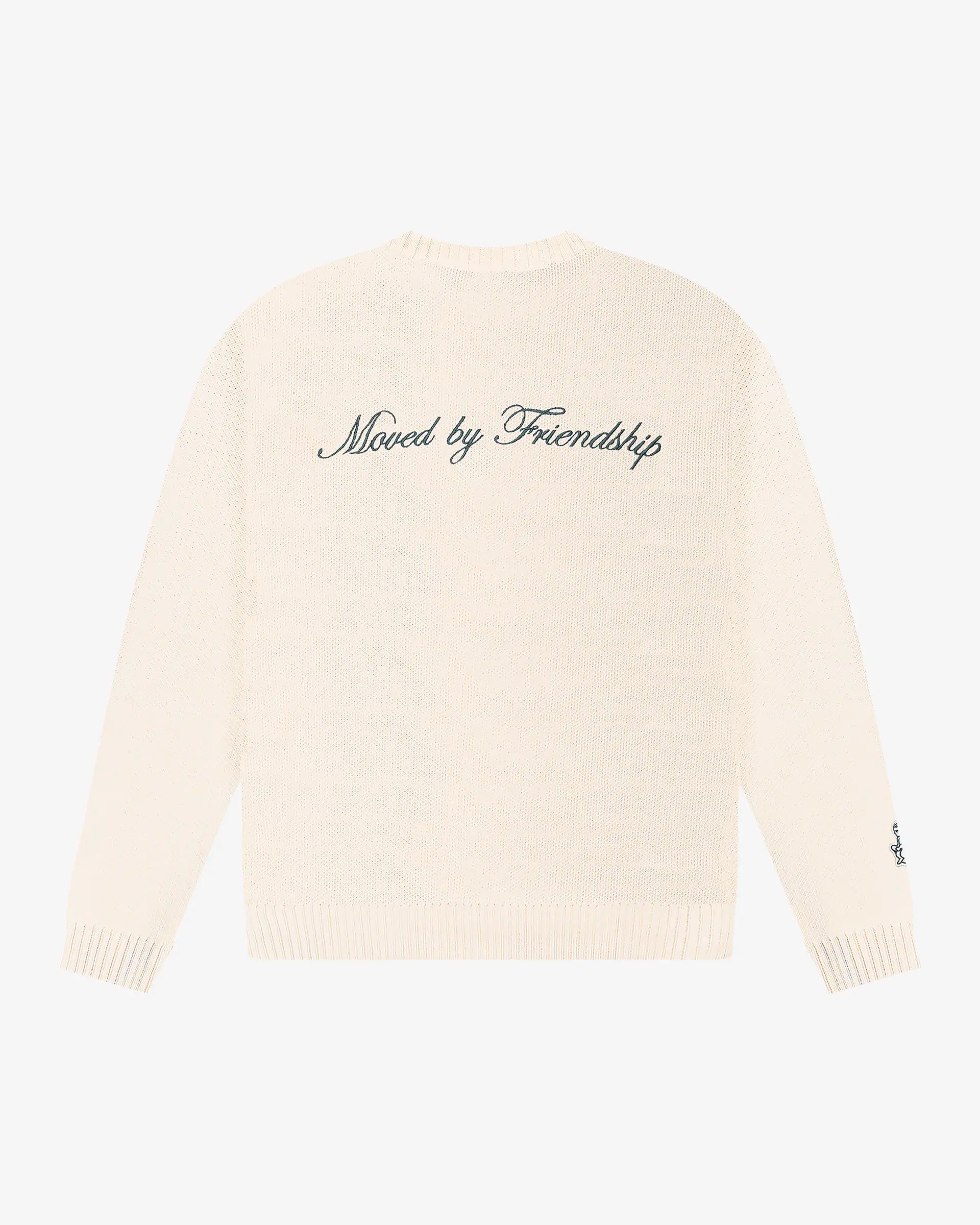 Knitted crewneck sweater designed for everyday wear and layering
100% cotton knit with a structured texture and soft hand feel
Regular fit with ribbed collar, cuffs and hem
‘Moved By Friendship’ motto embroidered in evergreen across the back
Off-white colour
Machine wash cold. Do not tumble dry
Made in Portugal