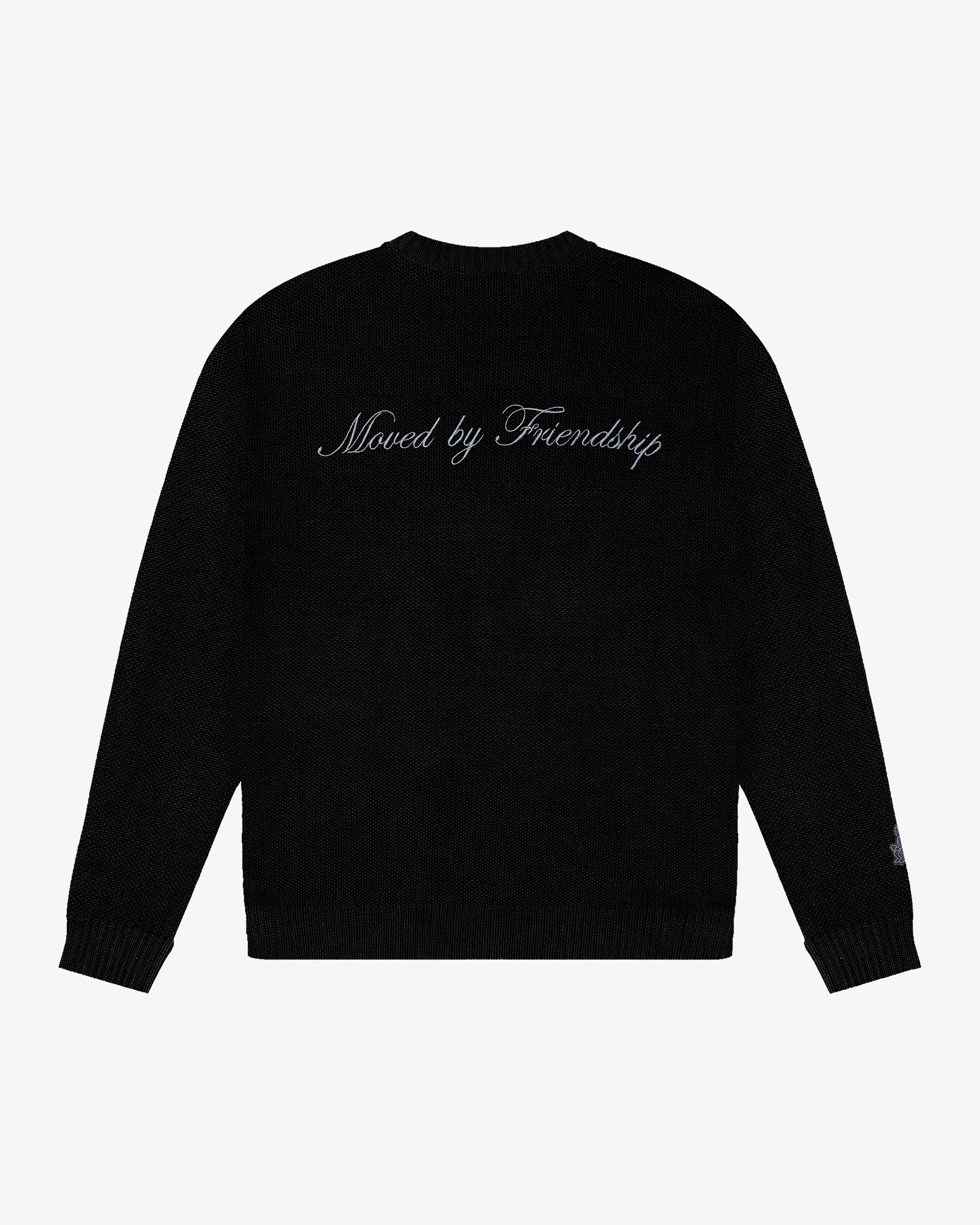 Knitted crewneck sweater designed for everyday wear and layering
100% cotton knit with a structured texture and soft hand feel
Regular fit with ribbed collar, cuffs and hem
‘Moved By Friendship’ motto embroidered in grey across the back
Black colour
Machine wash cold. Do not tumble dry
Made in Portugal