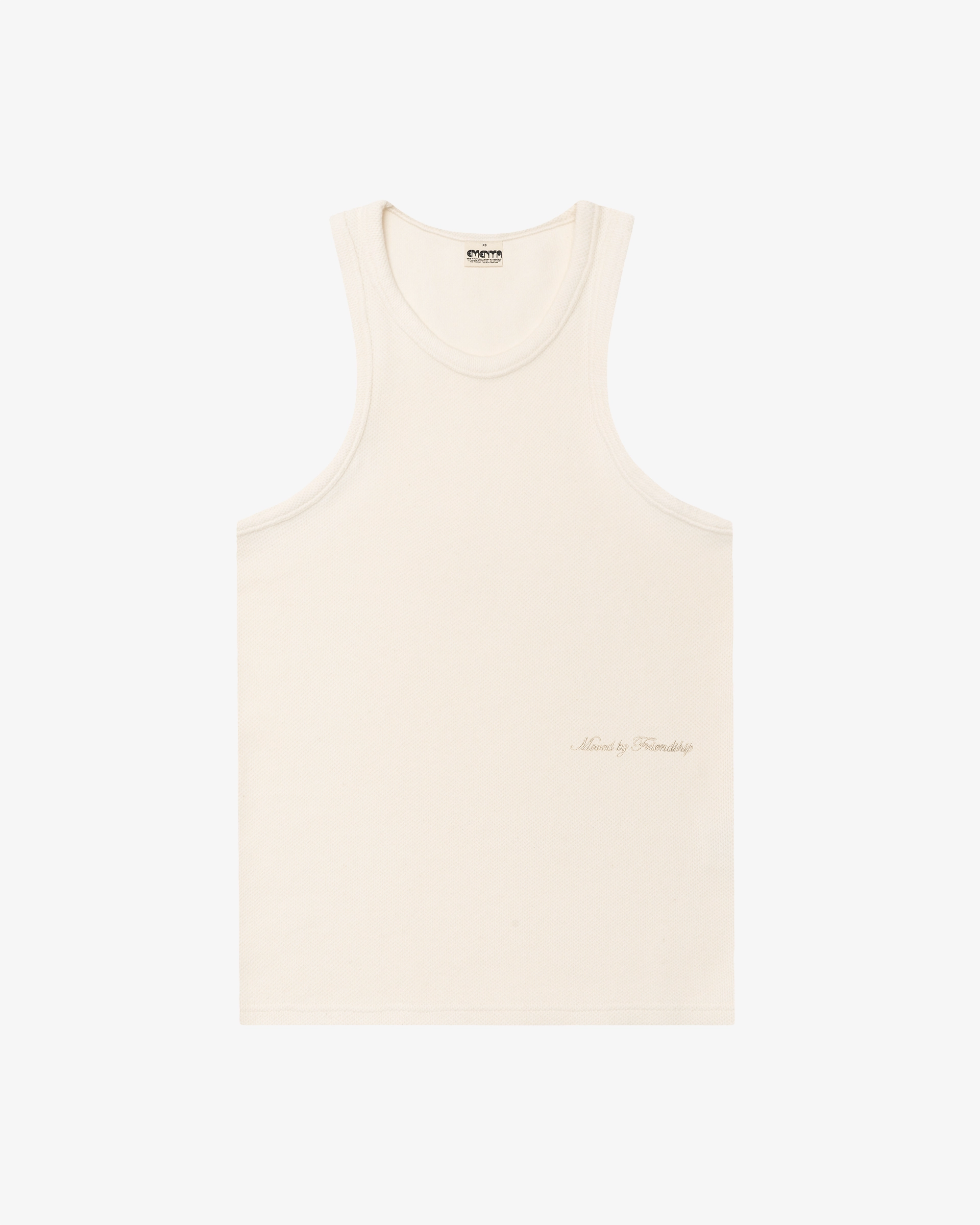 Sleeveless tank top designed with a close and elongated silhouette
Textured cotton waffle fabric with a soft and breathable feel
Slim fit with wide shoulder straps and a high-cut neckline
Tonal “Moved By Friendship” embroidery placed at the lower front
Beige base with minimal tonal detailing
Machine wash cold. Do not tumble dry
Made in Portugal