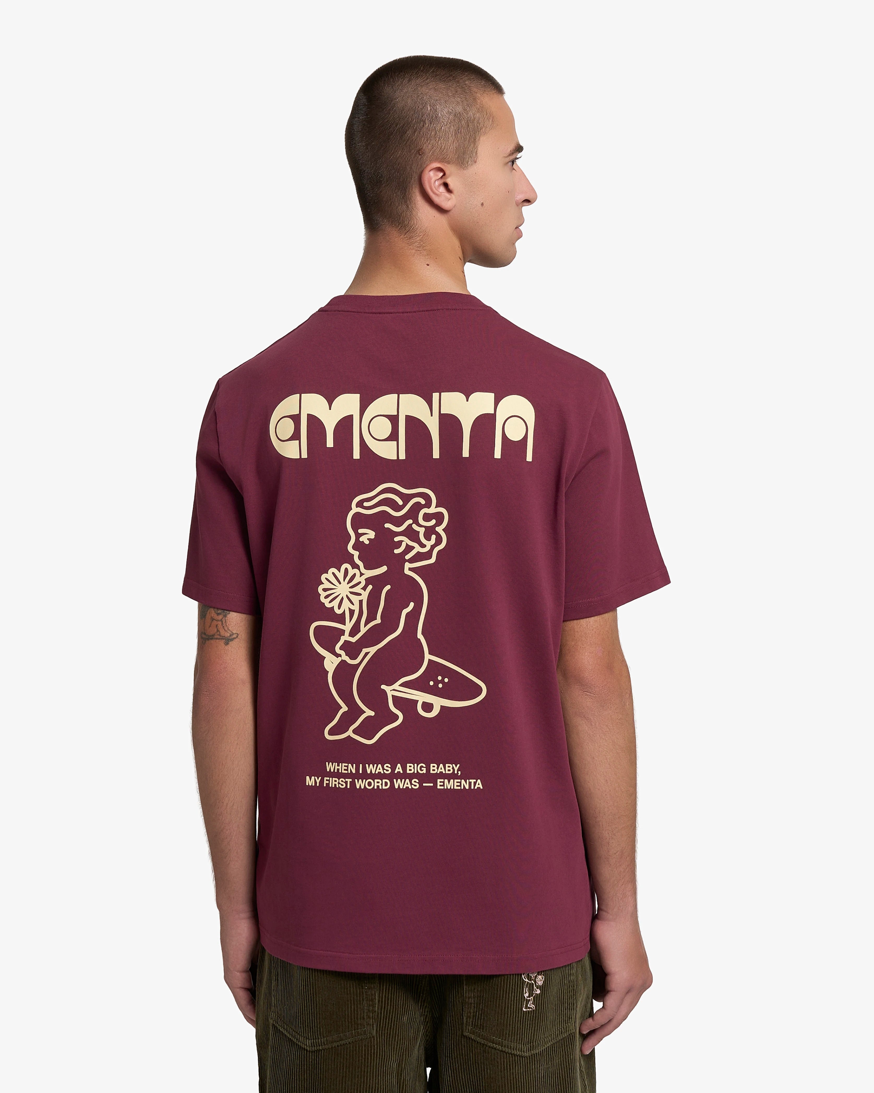 100% cotton, 240 g/m²
Soft feel with a structured shape
Burgundy color with off-white "First Word" print
Pre-shrunk to hold its shape after washing
Reinforced collar and double-stitched hems for durability
Unisex fit
Made in Portugal