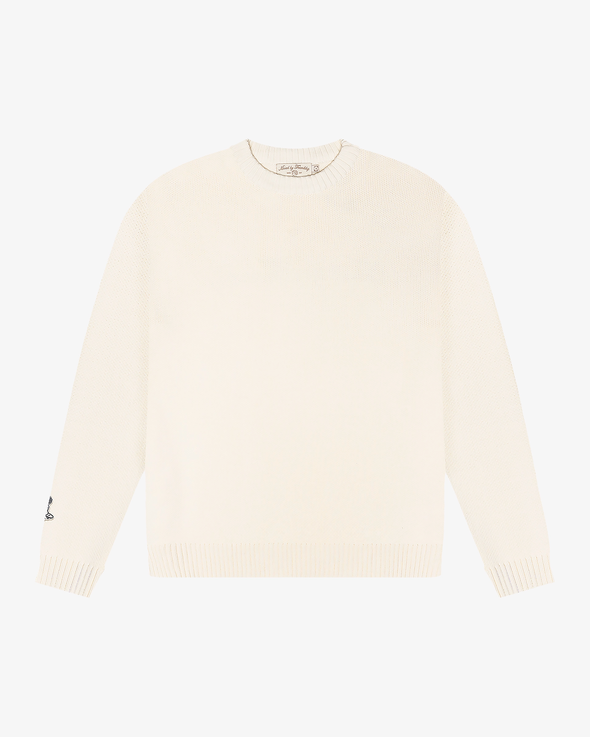 Knitted crewneck sweater designed for everyday wear and layering
100% cotton knit with a structured texture and soft hand feel
Regular fit with ribbed collar, cuffs and hem
‘Moved By Friendship’ motto embroidered across the back
Off-white colour
Machine wash cold. Do not tumble dry
Made in Portugal