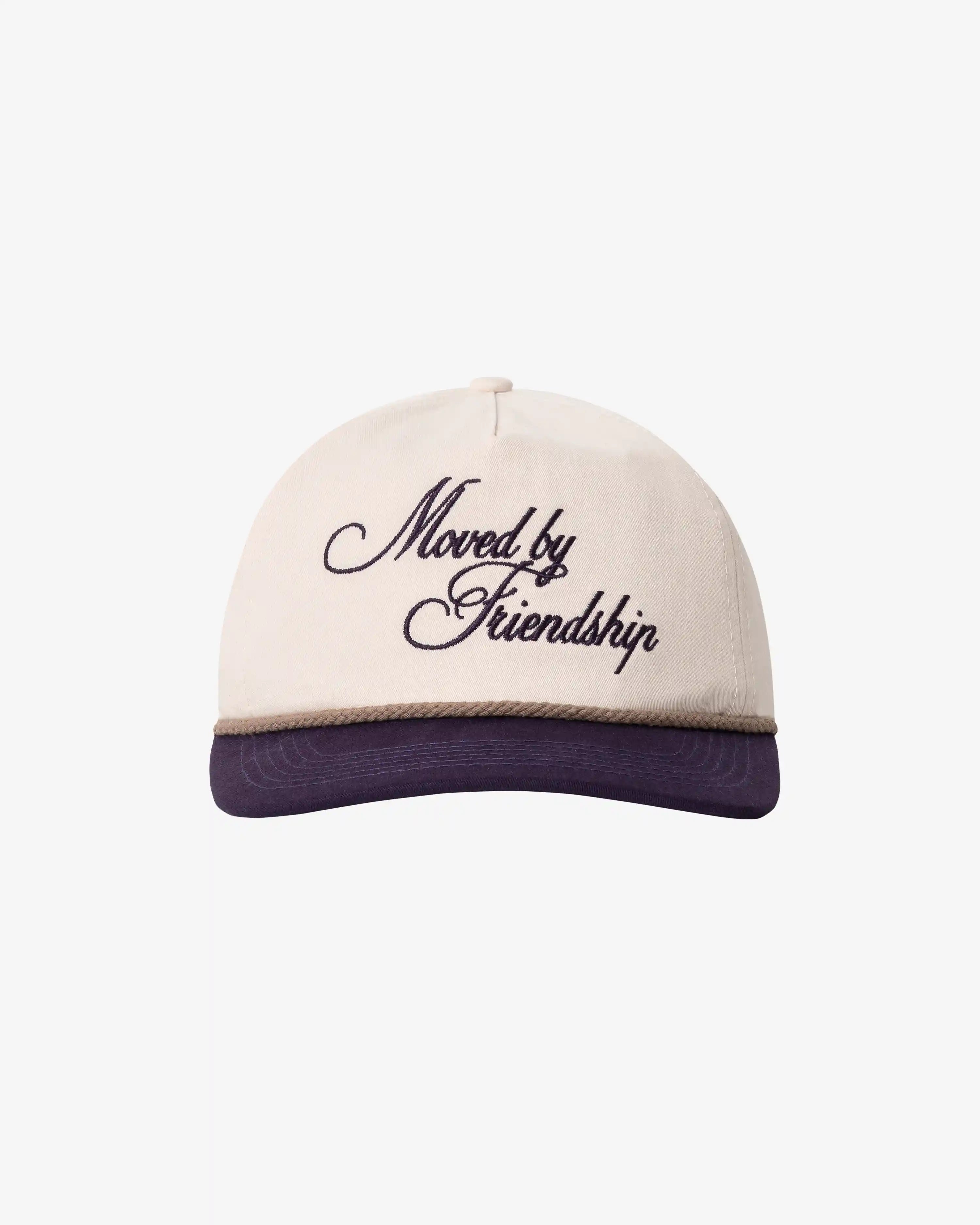 Off white cotton six panel cap with acai brim and script embroidery